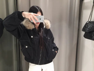 Vane hooded fur button jacket