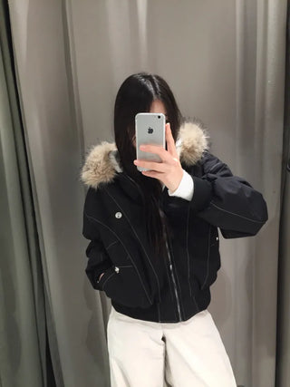 Vane hooded fur button jacket