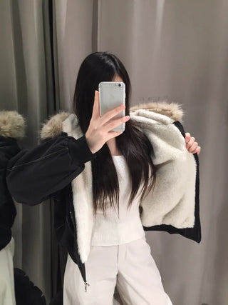 Vane hooded fur button jacket