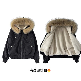 Vane hooded fur button jacket