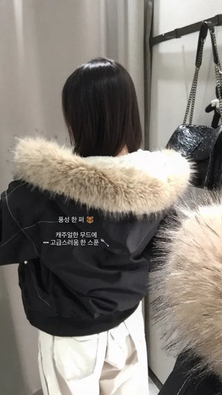 Vane hooded fur button jacket