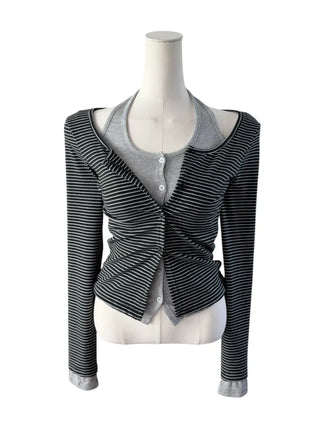 Picaboo Stripe Layered Cardigan Halterneck Tee