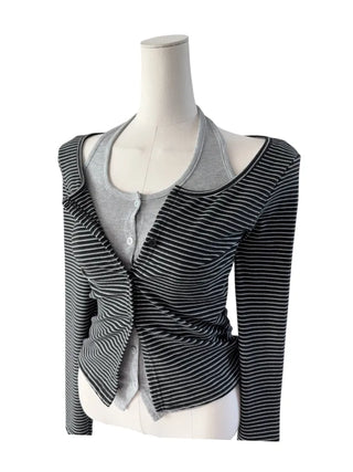 Picaboo Stripe Layered Cardigan Halterneck Tee