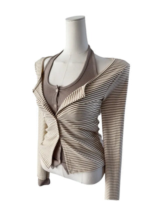 Picaboo Stripe Layered Cardigan Halterneck Tee