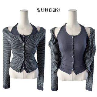 Picaboo Stripe Layered Cardigan Halterneck Tee