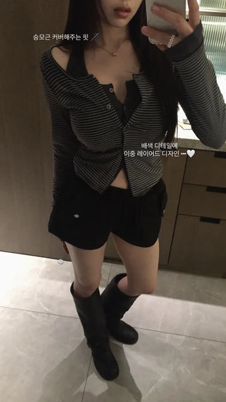 Picaboo Stripe Layered Cardigan Halterneck Tee