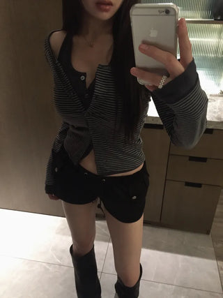 Picaboo Stripe Layered Cardigan Halterneck Tee