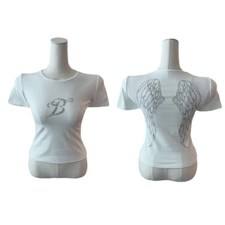 Wings crop slim cubic short-sleeved T
