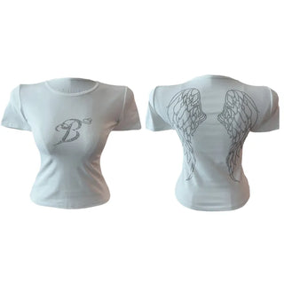 Wings crop slim cubic short-sleeved T
