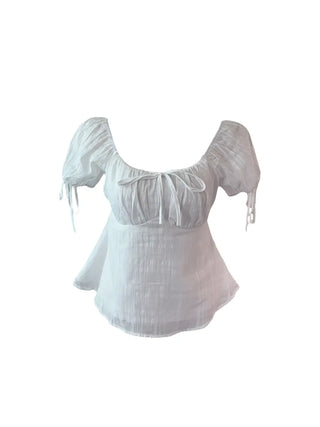 Romi Slim Cotton Ribbon Shirring Short-Sleeved Blouse