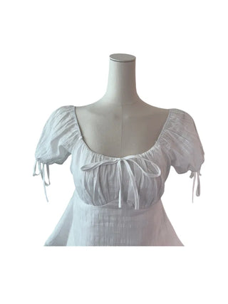 Romi Slim Cotton Ribbon Shirring Short-Sleeved Blouse