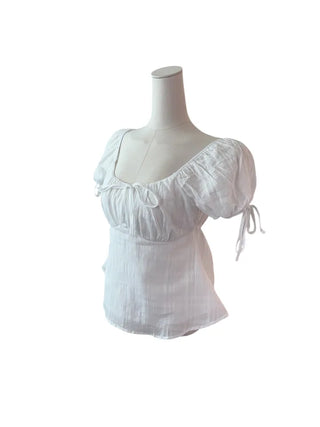 Romi Slim Cotton Ribbon Shirring Short-Sleeved Blouse