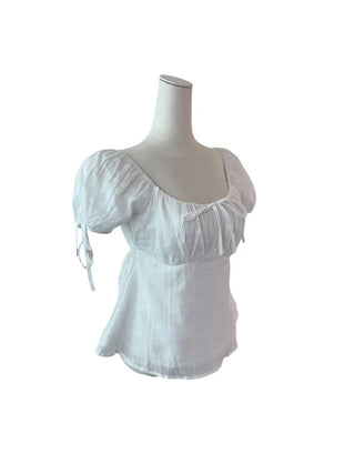 Romi Slim Cotton Ribbon Shirring Short-Sleeved Blouse