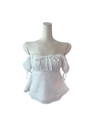 Romi Slim Cotton Ribbon Shirring Short-Sleeved Blouse