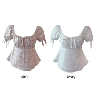 Romi Slim Cotton Ribbon Shirring Short-Sleeved Blouse