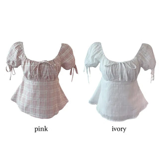 Romi Slim Cotton Ribbon Shirring Short-Sleeved Blouse