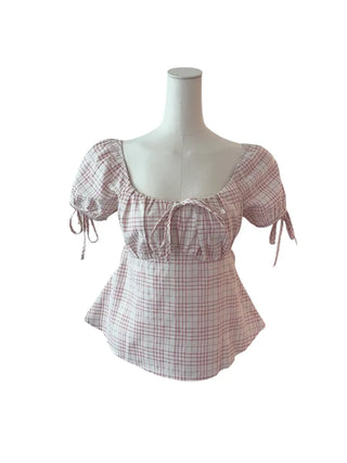 Romi Slim Cotton Ribbon Shirring Short-Sleeved Blouse