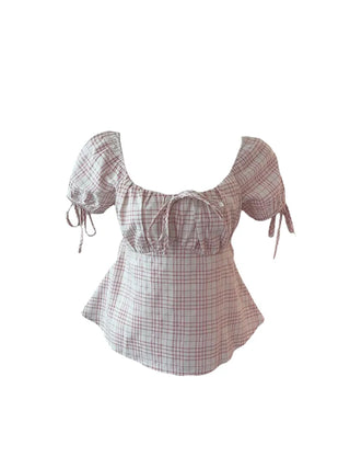 Romi Slim Cotton Ribbon Shirring Short-Sleeved Blouse