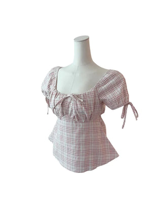 Romi Slim Cotton Ribbon Shirring Short-Sleeved Blouse
