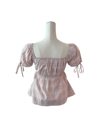 Romi Slim Cotton Ribbon Shirring Short-Sleeved Blouse