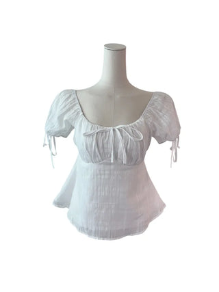 Romi Slim Cotton Ribbon Shirring Short-Sleeved Blouse
