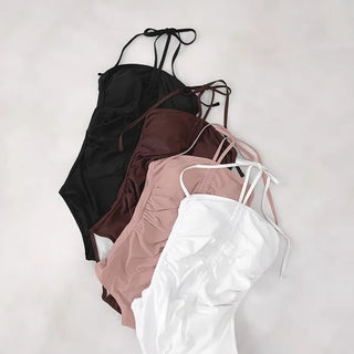 [With built-in cups] Halter neck shirred monokini