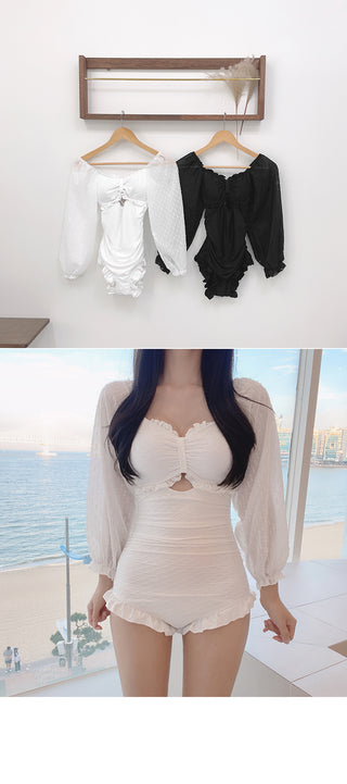 [With built-in cups] See-through sleeve ruffle monokini