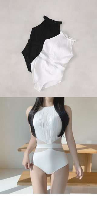 [With built-in cups] Halter neck sheer monokini