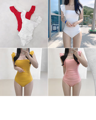 [With built-in cups] Back slit shoulder ruffle monokini