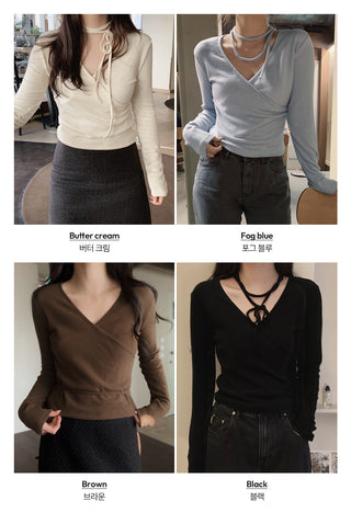 Slim-fit brushed-back wrap T-shirt - 4 colors