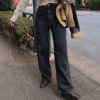 (basic/long) Fleece-lined wide-leg denim pants - 4 sizes