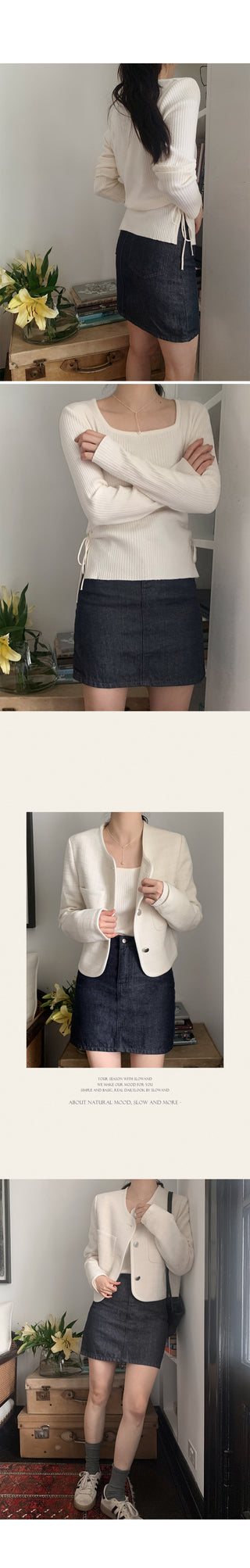 Side Ribbon Slim Square Knit - 4 Colors