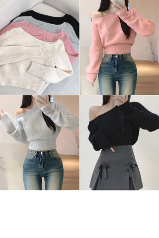 Asymmetrical off-shoulder cropped knit