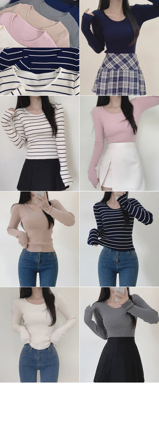 U-neck ribbed slim long-sleeve knit t-shirt