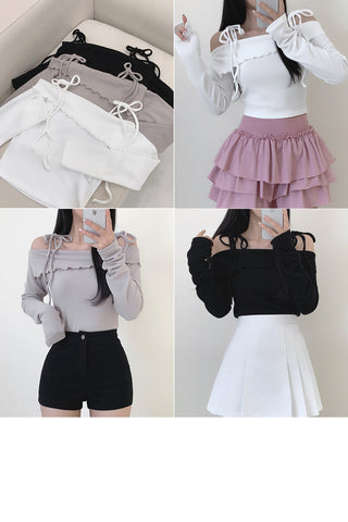 Tie-off shoulder frill long-sleeved T-shirt