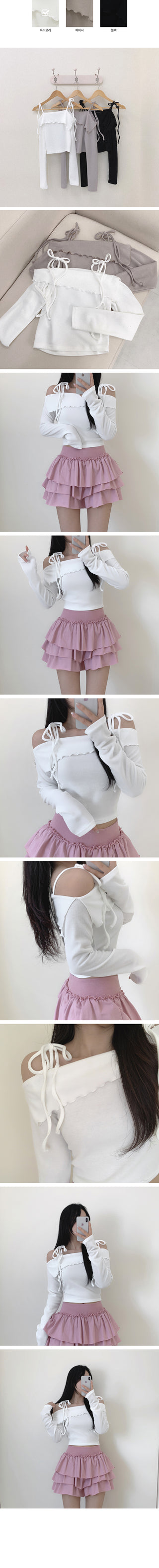 Tie-off shoulder frill long-sleeved T-shirt