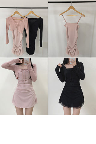 [SET] Sleeveless Shirred Dress + Cardigan Set