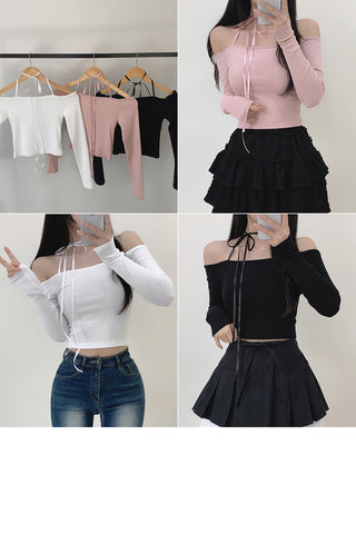 Off-shoulder ribbon slim long-sleeve T-shirt