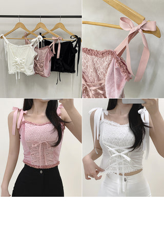Lace ribbon tie top sleeveless