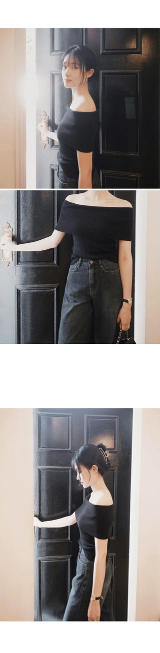 Off-shoulder slim knit - 3 colors