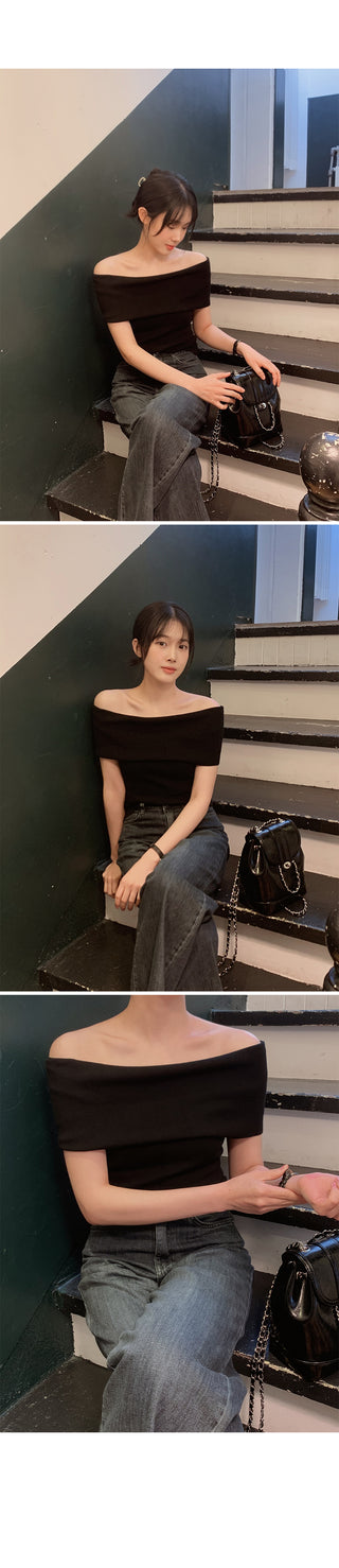 Off-shoulder slim knit - 3 colors