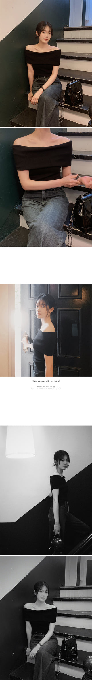 Off-shoulder slim knit - 3 colors