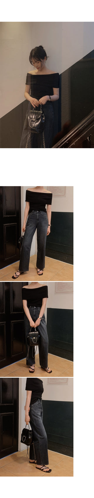 Off-shoulder slim knit - 3 colors