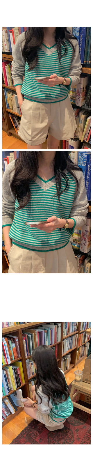 Striped V-neck knit