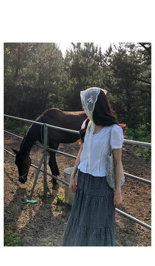 Checked flared long skirt