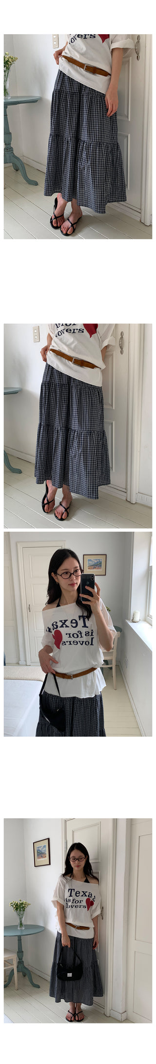 Checked flared long skirt