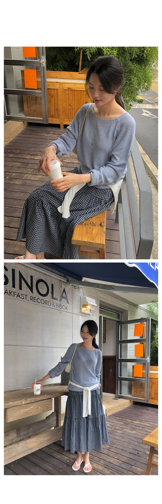 Checked flared long skirt