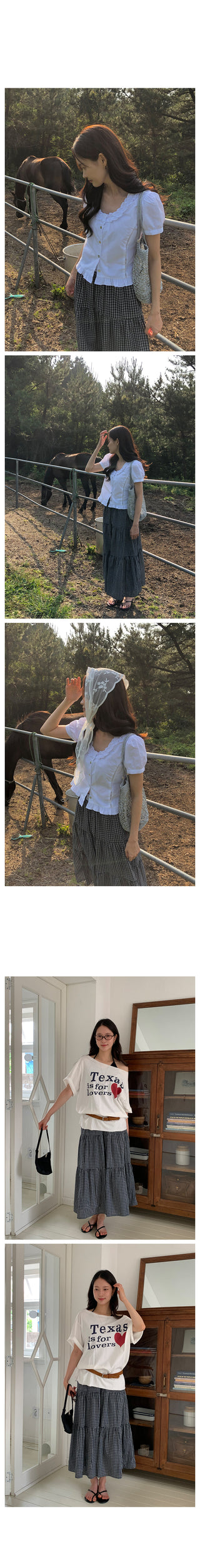 Checked flared long skirt