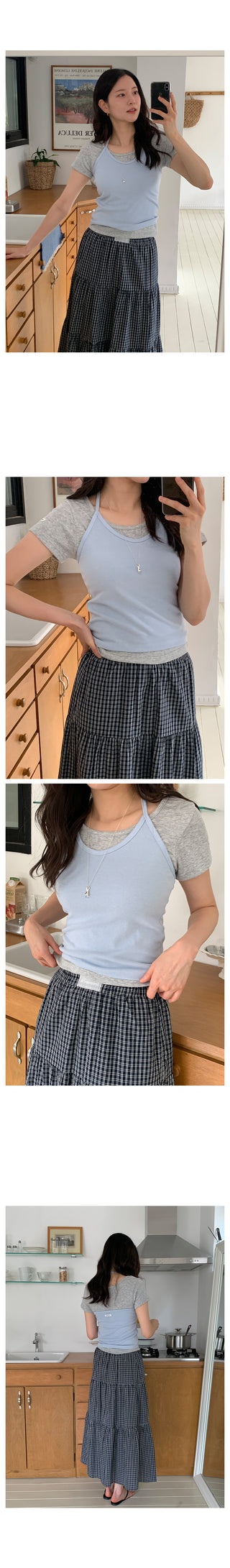 Checked flared long skirt