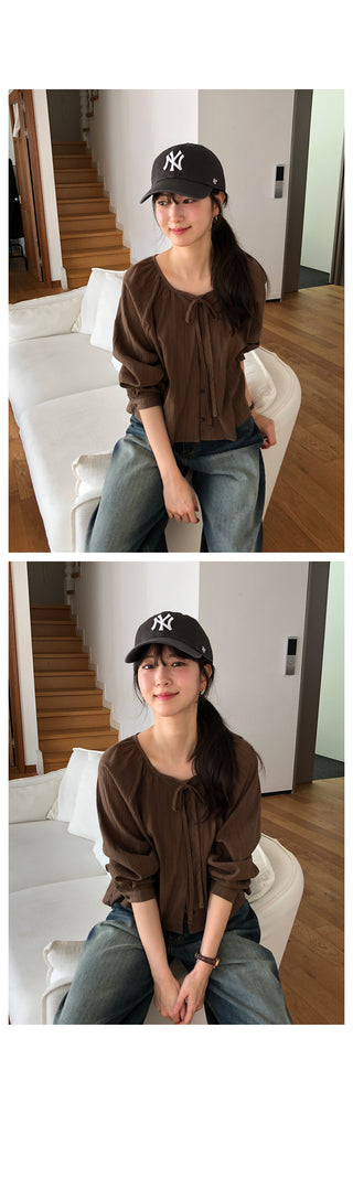 [3 colors] Ribbon puff sleeve blouse